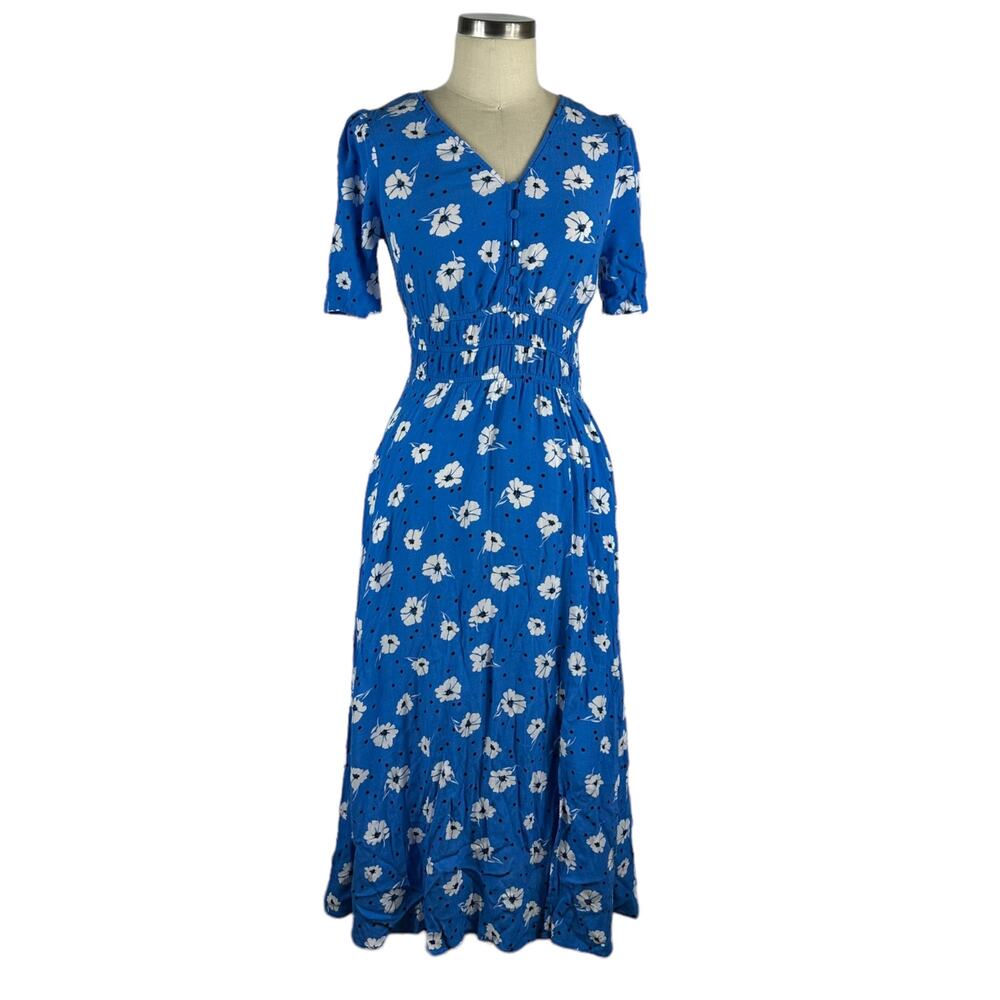 M&S COLLECTION Blue White Floral V-Neck Button Midi Dress Size US 4 Boho Preppy